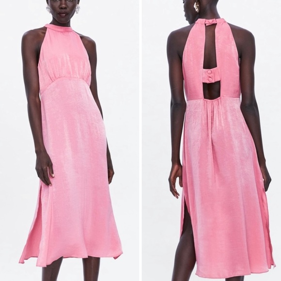 Zara Dresses & Skirts - *ZARA* Pink Satin Effect Midi Dress NWT